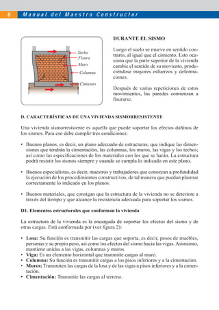 M a n u a l d e l M a e s t r o C o n s t r u c t o r8
D. CARACTERÍSTICAS DE UNA VIVIENDA SISMORRESISTENTE
Una vivienda sismorresistente es aquella que puede soportar los efectos dañinos de
los sismos. Para eso debe cumplir tres condiciones:
• Buenos planos, es decir, un plano adecuado de estructuras, que indique las dimen-
siones que tendrán la cimentación, las columnas, los muros, las vigas y los techos;
así como las especiﬁcaciones de los materiales con los que se harán. La estructura
podrá resistir los sismos siempre y cuando se cumpla lo indicado en este plano.
• Buenos especialistas, es decir, maestros y trabajadores que conozcan a profundidad
la ejecución de los procedimientos constructivos, de tal manera que puedan plasmar
correctamente lo indicado en los planos.
• Buenos materiales, que consigan que la estructura de la vivienda no se deteriore a
través del tiempo y que alcance la resistencia adecuada para soportar los sismos.
D1. Elementos estructurales que conforman la vivienda
La estructura de la vivienda es la encargada de soportar los efectos del sismo y de
otras cargas. Está conformada por (ver ﬁgura 2):
• Losa: Su función es transmitir las cargas que soporta, es decir, pesos de muebles,
personas y su propio peso, así como los efectos del sismo hacia las vigas.Asimismo,
mantiene unidas a las vigas, columnas y muros.
• Viga: Es un elemento horizontal que transmite cargas al muro.
• Columna: Su función es transmitir cargas a los pisos inferiores y a la cimentación.
• Muros: Transmiten las cargas de la losa y de las vigas a pisos inferiores y a la cimen-
tación.
• Cimentación: Transmite las cargas al terreno.
DURANTE EL SISMO
Luego el suelo se mueve en sentido con-
trario, al igual que el cimiento. Esto oca-
siona que la parte superior de la vivienda
cambie el sentido de su moviento, produ-
ciéndose mayores esfuerzos y deforma-
ciones.
Después de varias repeticiones de estos
movimientos, las paredes comienzan a
ﬁsurarse.
Techo
Muro
Fisura
Columna
Cimiento
 