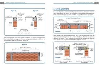 44 MANUAL DE CONSTRUCCIÓN PARA MAESTROS DE OBRA MANUAL DE CONSTRUCCIÓN PARA MAESTROS DE OBRA 45
17 ò
20 cm
25 cm
(Muro de ladrillo)
4 cm
Refuerzo viga
solera
Refuerzo aligerado
(diámetro variable)
20 cm
ó
Mínimo
17 cm
20 cm
ó
Mínimo
17 cm
25 cm
Losa aligerada
Viga solera (VS)
Ancho mínimo
25 cm
Viga solera (VS)
Ancho mínimo
25 cm
15 cm
Losa aligerada
Muro
de
ladrillo
(soga)
Muro de
ladrillo
(cabeza)
Figura 52 Figura 53
Los estribos serán espaciados según lo ordenen los planos correspondien-
tes, teniendo en cuenta que en el centro la separación máxima es 25 cm y en
los extremos debe ser 10 cm (Ver figura 54).
Refuerzo mínimo
VS : 4 barras de 3/8”
Estribos: erro de 6 mm
1 a 5 cm, 5 a 10 cm, resto: 1 a 25 cm
40cm
Estribos: Fierro de 6 mm
1 a 5 cm, 5 a 10 cm, en cada extremo, resto: 1 a 25 cm
Estribado mínimo
Figura 54
2.4 LOSAS ALIGERADAS
Las losas aligeradas, comúnmente llamadas techos, son elementos estructu-
rales importantes que deben ser diseñados y construidos cuidadosamente.
Están conformadas por viguetas, ladrillos, losa y refuerzo (ver figura 55).
1010 30 cm
12 ò
15 cm
5 cm
Ladrillo de
techo
Losa
Vigueta
Refuerzo por temperatura
Corrugado 4.7 mm. o 6 mm. cada 25 cm
Refuerzo
diámetro variable
ver casos
Figura 55
Figura 56
Refuerzo
viga
solera
4 cm
Refuerzo aligerado
(diámetro variable)
Cuando el muro es 15 cm
doblar también el fierro de abajo
17 ò
20 cm
15 cm (Muro de ladrillo)
Detalle Anclaje en extremos de viguetas
(muro de cabeza).
Detalle Anclaje en extremos de viguetas
(muro de soga).
DETALLE GENERAL ALIGERADO
En la figura 56 se muestran los detalles para el anclaje del refuerzo de las
viguetas de la losa aligerada. En el primer detalle, el aligerado se apoya en
un muro de cabeza y en el segundo, el aligerado se apoya en un muro de
soga; en este caso, se debe doblar también el fierro de abajo.
 