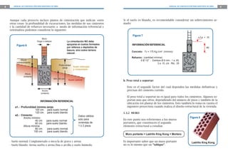 8 MANUAL DE CONSTRUCCIÓN PARA MAESTROS DE OBRA MANUAL DE CONSTRUCCIÓN PARA MAESTROS DE OBRA 9
Aunque cada proyecto incluye planos de cimentación que indican -entre
otras cosas- la profundidad de excavaciones, las medidas de sus cimientos
y la cantidad de refuerzo necesario; a modo de información referencial y
orientadora podemos considerar lo siguiente:
- Suelo normal: Conglomerado o mezcla de grava y arena.
- Suelo blando: Arena suelta o arena fina o arcilla o suelo húmedo.
La cimentación NO debe
apoyarse en suelos formados
por rellenos o depósitos de
basura, sino sobre terreno
natural.
b. Peso total a soportar:
Este es el segundo factor del cual dependen las medidas definitivas y
precisas del cimiento corrido.
El peso total a soportar no es igual para todos los cimientos. Algunos so-
portan más que otros; dependiendo del número de pisos y también de la
ubicación (en planta) de los cimientos. Esto también lo toma en cuenta el
ingeniero proyectista cuando realiza el diseño estructural de la vivienda.
1.3.2 MURO
En este punto nos referiremos a los muros
portantes, que constituyen el segundo
elemento estructural a estudiar.
Muro portante = Ladrillo King Kong + Mortero
Es importante saber que un muro portante
no es lo mismo que un “tabique”.
a1.- Profundidad mínima zanja:
100 cm. para suelo normal
120 cm. para suelo blando
a2.- Cimiento:
Ancho mínimo:
40 cm. para suelo normal
60 cm. para suelo blando
Altura mínima:
80 cm. para suelo normal
100 cm. para suelo blando
Concreto: f’c = 175 Kg./cm2 (mínimo)
Refuerzo : (cantidad mínima)
4 Ø 1/2” : Estribos Ø 6 mm.: 1 a .05,
3 a .10, c/e , Rto. .25
Datos válidos
solo para
viviendas de
1 ó 2 pisos
Muro
Soga o cabeza
Altura
cimiento
Altura
sobrecimiento
Suelo rellenado
y compactado
Profundidad
zanja
Suelo natural
Mín. 50 cm.
Ancho
cimiento
.40
n.f.p. + .10
Si el suelo es blando, es recomendable considerar un sobrecimiento ar-
mado:
INFORMACIÓN REFERENCIALFigura 6
Figura 7
Figura 8
Ladrillo King Kong
INFORMACIÓN REFERENCIAL
 