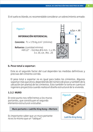 MANUAL DE CONSTRUCCIÓN PARA MAESTROS DE OBRA 9
b. Peso total a soportar:
Este es el segundo factor del cual dependen las medidas definitivas y
precisas del cimiento corrido.
El peso total a soportar no es igual para todos los cimientos. Algunos
soportanmásqueotros;dependiendodelnúmerodepisosytambiéndela
ubicación (en planta) de los cimientos. Esto también lo toma en cuenta el
ingeniero proyectista cuando realiza el diseño estructural de la vivienda.
1.3.2 MURO
En este punto nos referiremos a los muros
portantes, que constituyen el segundo
elemento estructural a estudiar.
Muro portante = Ladrillo King Kong + Mortero
Es importante saber que un muro portante
no es lo mismo que un “tabique”.
Concreto: f’c = 175 Kg./cm2 (mínimo)
Refuerzo : (cantidad mínima)
4 Ø 1/2” : Estribos Ø 6 mm.: 1 a .05,
3 a .10, c/e , Rto. .25
.40
n.f.p. + .10
Si el suelo es blando, es recomendable considerar un sobrecimiento armado:
INFORMACIÓN REFERENCIAL
Figura 7
Figura 8
Ladrillo King Kong
 