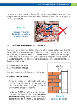 MANUAL DE CONSTRUCCIÓN PARA MAESTROS DE OBRA 25
Figura 22
Fraguado deficiente.
Zona débil susceptible
al agrietamiento.
1.5.2 UNIÓN MURO PORTANTE - COLUMNA
Para que todos los elementos estructurales (vigas, columnas, techos,
muros, cimientos) trabajen en conjunto, como si se tratara de una sola
pieza, es muy importante que la unión entre ellos sea buena; por ejemplo,
la unión entre el muro portante y sus columnas de confinamiento debe ser
consistente (Ver figura 23). En la obra, esta buena unión se logra mediante
dos procedimientos:
a. El endentado del muro
b. Las mechas de anclaje
Revisemos cada uno de los procedimientos:
a. Endentado del muro:
Como se sabe, el endentado del muro
recibirá posteriormente el vaciado del
concreto de la columna, logrando que la
unión entre ambos sea óptima.
La Norma E-070 se refiere a este tema y
nos dice: “La longitud del diente no debe
exceder los 5 cm y deberá limpiarse de los
desperdicios de mortero y de partículas
Figura 23
Por otro lado, obsérvese la figura 22. Ahí se ve que las juntas no están
completamente llenas de mortero. Esto debilita el muro portante y por lo
tanto la estructura.
Longitud del diente
Máx. 5cm
 