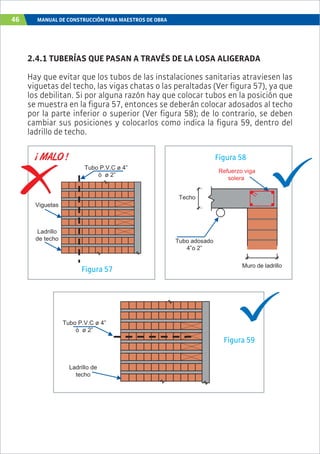 46 MANUAL DE CONSTRUCCIÓN PARA MAESTROS DE OBRA
2.4.1 TUBERÍAS QUE PASAN A TRAVÉS DE LA LOSA ALIGERADA
Hay que evitar que los tubos de las instalaciones sanitarias atraviesen las
viguetas del techo, las vigas chatas o las peraltadas (Ver figura 57), ya que
los debilitan. Si por alguna razón hay que colocar tubos en la posición que
se muestra en la figura 57, entonces se deberán colocar adosados al techo
por la parte inferior o superior (Ver figura 58); de lo contrario, se deben
cambiar sus posiciones y colocarlos como indica la figura 59, dentro del
ladrillo de techo.
Tubo P.V.C ø 4”
ò ø 2”
Ladrillo de
techo
Muro de ladrillo
Refuerzo viga
solera
Techo
Tubo adosado
4”o 2”
Tubo P.V.C ø 4”
ò ø 2”
Ladrillo
de techo
Viguetas
Figura 58
Figura 57
Figura 59
 