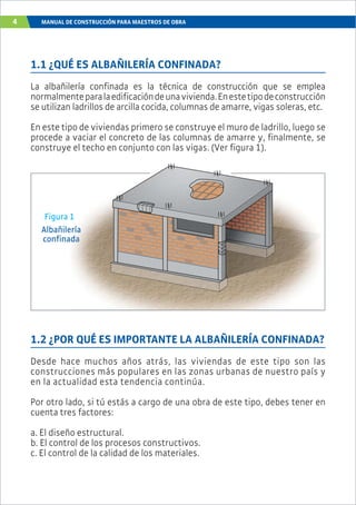 4 MANUAL DE CONSTRUCCIÓN PARA MAESTROS DE OBRA
1.2 ¿POR QUÉ ES IMPORTANTE LA ALBAÑILERÍA CONFINADA?
Desde hace muchos años atrás, las viviendas de este tipo son las
construcciones más populares en las zonas urbanas de nuestro país y
en la actualidad esta tendencia continúa.
Por otro lado, si tú estás a cargo de una obra de este tipo, debes tener en
cuenta tres factores:
a. El diseño estructural.
b. El control de los procesos constructivos.
c. El control de la calidad de los materiales.
1.1 ¿QUÉ ES ALBAÑILERÍA CONFINADA?
La albañilería confinada es la técnica de construcción que se emplea
normalmenteparalaedificacióndeunavivienda.Enestetipodeconstrucción
se utilizan ladrillos de arcilla cocida, columnas de amarre, vigas soleras, etc.
En este tipo de viviendas primero se construye el muro de ladrillo, luego se
procede a vaciar el concreto de las columnas de amarre y, finalmente, se
construye el techo en conjunto con las vigas. (Ver figura 1).
Albañilería
confinada
Figura 1
e el techo en conjunto con las vigas. (Ver figura 1).
eeríaaa
daaaaaa
1
 