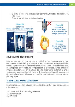 MANUAL DE CONSTRUCCIÓN PARA MAESTROS DE OBRA 65
- El clima al cual está expuesto (brisa marina, heladas, deshielos, sol,
frío, etc.).
- El suelo que rodea a una cimentación.
3.1.2 CALIDAD DEL CONCRETO
Para obtener un concreto de buena calidad, no sólo es necesario contar
con buenos materiales, que además estén combinados en las cantidades
correctas; es necesario también tener en cuenta cómo se hace el mezclado,
el transporte, el vaciado, la compactación y el curado. Estos procesos
influirán directamente en la calidad de este importante material. Si uno o
varios procesos se realizan de manera deficiente, se obtendrá un concreto
de mala calidad, aún utilizando las cantidades exactas de cemento, arena,
piedra y agua.
3.2 MEZCLADO DEL CONCRETO
Son tres los aspectos básicos e importantes que hay que considerar en
este proceso:
3.2.1 Características de los ingredientes
3.2.2 Dosificación
3.2.3 Mezcla
Figura 61
Figura 62
Concreto:
Escasa resistencia
al estiramiento. Se
rompe fácilmente.
Figura 60
Concreto:
Buena resistencia a la compresión.
Concreto:
Buena resistencia
al fuego. Protege
al fierro.
 