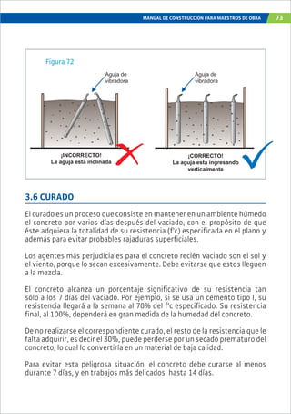 MANUAL DE CONSTRUCCIÓN PARA MAESTROS DE OBRA 73
¡INCORRECTO!
La aguja esta inclinada
¡CORRECTO!
La aguja esta ingresando
verticalmente
Aguja de
vibradora
Aguja de
vibradora
3.6 CURADO
El curado es un proceso que consiste en mantener en un ambiente húmedo
el concreto por varios días después del vaciado, con el propósito de que
éste adquiera la totalidad de su resistencia (f’c) especificada en el plano y
además para evitar probables rajaduras superficiales.
Los agentes más perjudiciales para el concreto recién vaciado son el sol y
el viento, porque lo secan excesivamente. Debe evitarse que estos lleguen
a la mezcla.
El concreto alcanza un porcentaje significativo de su resistencia tan
sólo a los 7 días del vaciado. Por ejemplo, si se usa un cemento tipo I, su
resistencia llegará a la semana al 70% del f’c especificado. Su resistencia
final, al 100%, dependerá en gran medida de la humedad del concreto.
De no realizarse el correspondiente curado, el resto de la resistencia que le
falta adquirir, es decir el 30%, puede perderse por un secado prematuro del
concreto, lo cual lo convertiría en un material de baja calidad.
Para evitar esta peligrosa situación, el concreto debe curarse al menos
durante 7 días, y en trabajos más delicados, hasta 14 días.
Figura 72
 