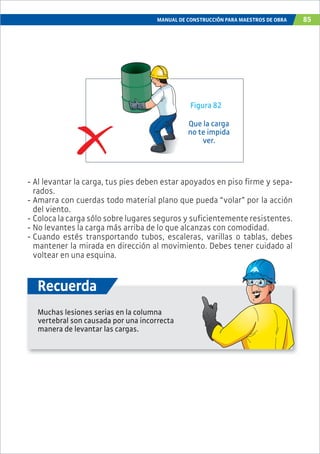 MANUAL DE CONSTRUCCIÓN PARA MAESTROS DE OBRA 85
Figura 82
Que la carga
no te impida
ver.
- Al levantar la carga, tus pies deben estar apoyados en piso firme y sepa-
rados.
- Amarra con cuerdas todo material plano que pueda “volar” por la acción
del viento.
- Coloca la carga sólo sobre lugares seguros y suficientemente resistentes.
- No levantes la carga más arriba de lo que alcanzas con comodidad.
- Cuando estés transportando tubos, escaleras, varillas o tablas, debes
mantener la mirada en dirección al movimiento. Debes tener cuidado al
voltear en una esquina.
Muchas lesiones serias en la columna
vertebral son causada por una incorrecta
manera de levantar las cargas.
Recuerda
 