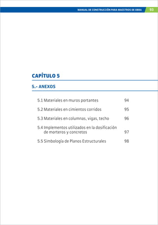 MANUAL DE CONSTRUCCIÓN PARA MAESTROS DE OBRA 93
5.- ANEXOS
5.1 Materiales en muros portantes 94
5.2 Materiales en cimientos corridos 95
5.3 Materiales en columnas, vigas, techo 96
5.4 Implementos utilizados en la dosificación
de morteros y concretos 97
5.5 Simbología de Planos Estructurales 98
CAPÍTULO 5
 