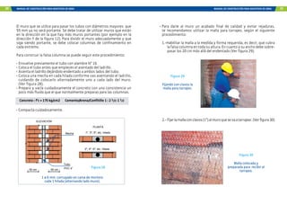 30 MANUAL DE CONSTRUCCIÓN PARA MAESTROS DE OBRA MANUAL DE CONSTRUCCIÓN PARA MAESTROS DE OBRA 31
El muro que se utilice para pasar los tubos con diámetros mayores que
55 mm ya no será portante. Se debe tratar de utilizar muros que están
en la dirección en la que hay más muros portantes (por ejemplo en la
dirección Y de la figura 12). Para dividir el muro adecuadamente y que
siga siendo portante, se debe colocar columnas de confinamiento en
cada extremo.
Para construir la falsa columna se puede seguir este procedimiento:
-	Envuelve previamente el tubo con alambre N° 16.
-	Coloca el tubo antes que empieces el asentado del ladrillo.
-	Asienta el ladrillo dejándolo endentado a ambos lados del tubo.
-	Coloca una mecha en cada hilada conforme vas asentando el ladrillo,
cuidando de colocarlo alternadamente uno a cada lado del muro.
(Ver figura 28).
-	Prepara y vacía cuidadosamente el concreto con una consistencia un
poco más fluida que el que normalmente preparas para las columnas.
Concreto : f’c = 175 kg/cm2 Cemento/Arena/Confitillo 1 : 2 1/2: 1 1/2
- Compacta cuidadosamente.
PLANTA
50 cm 50 cm
Tubo
Mecha 1º, 3º, 5º, etc. hilada
2º, 4º, 6º, etc. hilada
PVC 4”
ELEVACIÓN
Figura 28
1 ø 6 mm. corrugado en cama de mortero
cada 1 hilada (alternando lado muro).
-	Para darle al muro un acabado final de calidad y evitar rejaduras,
te recomendamos utilizar la malla para tarrajeo, según el siguiente
procedimiento:
1.-Habilitar la malla a la medida y forma requerida, es decir, que cubra
la falsa columna en toda su altura. En cuanto a su ancho debe sobre-
pasar los 20 cm más allá del endentado (Ver figura 29).
Figura 30
Malla colocada y
preparada para recibir el
tarrajeo.
Figura 29
Fijando con clavos la
malla para tarrajeo.
2.-	Fijarlamallaconclavos(1”)almuroquesevaatarrajear.(Verfigura30)
 