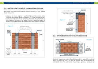 40 MANUAL DE CONSTRUCCIÓN PARA MAESTROS DE OBRA MANUAL DE CONSTRUCCIÓN PARA MAESTROS DE OBRA 41
H
40 cm
Cimiento
Sobrecimiento
Nivel techo
Concreto
vaciado
después de
levantar muro
(Primera
etapa).
Concreto de columna
vaciado junto con el techo y
vigas (Segunda etapa).
Nivel de
vaciado
1º etapa
2.2.2 CONEXIÓN ENTRE COLUMNA DE AMARRE Y VIGA TRANSVERSAL
Para lograr una conexión más efectiva entre la columna y la viga, puedes
hacer lo siguiente:
-Luego que los muros llegaron a su altura (H), vaciar el concreto de las
columnas hasta donde se indica en la figura 43. Ésta es la primera etapa.
-La segunda etapa consiste en completar el vaciado del concreto de la
columna, como se indica en las figuras 43 y 44, lo que debe hacerse al
mismotiempoqueelvaciadodelconcretodelasvigassolerasydeltecho.
Figura 43
H
Refuerzo
de la viga,
insertada en
columna de
confinamiento.
Concreto
vaciado después
de levantar muro
(Primera etapa).
Concreto de columna
vaciado junto con el techo y
vigas (Segunda etapa).
40 cm
Viga solera
Figura 44
Figura 45
2.2.3 SEPARACIÓN MÁXIMA ENTRE COLUMNAS DE AMARRE
Según el Reglamento Nacional de Edificaciones, la separación máxima
entre columnas (Ver figura 45) debe ser el doble de la altura del paño de
ladrillo (H). Si es mayor, existe el riesgo de que aparezcan grietas en la
H
Viga solera
Columna de amarre
Separación máxima = 2 H
Altura de
piso a techo
(máximo 3 m).
 