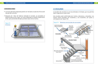 64 MANUAL DE CONSTRUCCIÓN PARA MAESTROS DE OBRA MANUAL DE CONSTRUCCIÓN PARA MAESTROS DE OBRA 65
CONSIDERACIONES
•	 Los frisos del techo aligerado podrán ser retirados al cabo de 24 horas del
vaciado del concreto.
•	Después de 7 días de haberse realizado el vaciado, se procederá al
desencofrado de las vigas. Las losas aligeradas se podrán desencofrar
antes, pero previendo de dejar puntales cada ciertos tramos.
Arroceras
Figura 74
Arroceras
2.5 ESCALERAS
La escalera de concreto es una losa dentada e inclinada, que nos permite
subir o bajar de un nivel a otro.
Una escalera está conformada por tramos, descansos y barandas. Los
tramos están formados por escalones; y los escalones, por pasos y
contrapasos (ver figura 75).
Anchodeescalera
0.90cm(mínimo) Alturade
contrapaso
0,18cm
(máximo)
Anchodepaso
25cm(mínimo)
Descanso
Descanso
Escalones
Apoyoen
vigaomuro
Ancho0.90m
Muro
Descanso-min0.90m
Cimentación:profundidad
igualalacimentacióncercana
Espesorlosa
15cm
Anchodepaso
min.25cm
Alturadecontrapaso
max.18cm
Pasamanos
ESCALONES
SEGUNDOTRAMO
PRIMERTRAMO
0.18
0.90
0.25
0.90
Figura 75 Elementos estructurales de una escalera
 