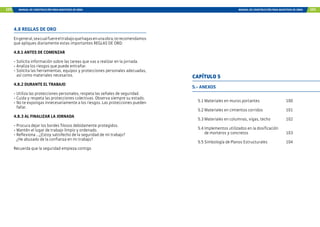 100 MANUAL DE CONSTRUCCIÓN PARA MAESTROS DE OBRA MANUAL DE CONSTRUCCIÓN PARA MAESTROS DE OBRA 101
4.8 REGLAS DE ORO
Engeneral,seacualfuereeltrabajoquehagasenunaobra,terecomendamos
que apliques diariamente estas importantes REGLAS DE ORO:
4.8.1 ANTES DE COMENZAR
-	Solicita información sobre las tareas que vas a realizar en la jornada.
-	Analiza los riesgos que puede entrañar.
-	Solicita las herramientas, equipos y protecciones personales adecuadas,
así como materiales necesarios.
4.8.2 DURANTE EL TRABAJO
-	Utiliza las protecciones personales, respeta las señales de seguridad.
-	Cuida y respeta las protecciones colectivas. Observa siempre su estado.
-	No te expongas innecesariamente a los riesgos. Las protecciones pueden
fallar.
4.8.3 AL FINALIZAR LA JORNADA
-	Procura dejar los bordes filosos debidamente protegidos.
-	Mantén el lugar de trabajo limpio y ordenado.
-	Reflexiona ...¿Estoy satisfecho de la seguridad de mi trabajo?
	 ¿He abusado de la confianza en mi trabajo?
Recuerda que la seguridad empieza contigo
5.- ANEXOS
5.1 Materiales en muros portantes	 100
5.2 Materiales en cimientos corridos	 101
5.3 Materiales en columnas, vigas, techo	 102
5.4 Implementos utilizados en la dosificación
de morteros y concretos	 103
5.5 Simbología de Planos Estructurales	 104
CAPÍTULO 5
 