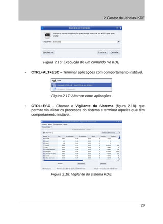 2.Gestor de Janelas KDE




           Figura 2.16: Execução de um comando no KDE

•   CTRL+ALT+ESC – Terminar aplicações com comportamento instável.




                Figura 2.17: Alternar entre aplicações

•   CTRL+ESC - Chamar o Vigilante do Sistema (figura 2.18) que
    permite visualizar os processos do sistema e terminar aqueles que têm
    comportamento instável.




                Figura 2.18: Vigilante do sistema KDE




                                                                      29
 
