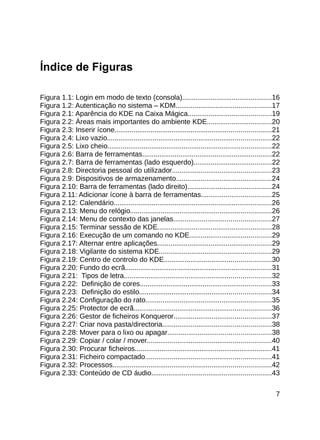 Índice de Figuras

Figura 1.1: Login em modo de texto (consola)...............................................16
Figura 1.2: Autenticação no sistema – KDM..................................................17
Figura 2.1: Aparência do KDE na Caixa Mágica............................................19
Figura 2.2: Áreas mais importantes do ambiente KDE..................................20
Figura 2.3: Inserir ícone..................................................................................21
Figura 2.4: Lixo vazio......................................................................................22
Figura 2.5: Lixo cheio......................................................................................22
Figura 2.6: Barra de ferramentas....................................................................22
Figura 2.7: Barra de ferramentas (lado esquerdo).........................................22
Figura 2.8: Directoria pessoal do utilizador....................................................23
Figura 2.9: Dispositivos de armazenamento..................................................24
Figura 2.10: Barra de ferramentas (lado direito)............................................24
Figura 2.11: Adicionar ícone à barra de ferramentas.....................................25
Figura 2.12: Calendário...................................................................................26
Figura 2.13: Menu do relógio..........................................................................26
Figura 2.14: Menu de contexto das janelas...................................................27
Figura 2.15: Terminar sessão de KDE............................................................28
Figura 2.16: Execução de um comando no KDE...........................................29
Figura 2.17: Alternar entre aplicações............................................................29
Figura 2.18: Vigilante do sistema KDE...........................................................29
Figura 2.19: Centro de controlo do KDE........................................................30
Figura 2.20: Fundo do ecrã.............................................................................31
Figura 2.21: Tipos de letra.............................................................................32
Figura 2.22: Definição de cores.....................................................................33
Figura 2.23: Definição do estilo.....................................................................34
Figura 2.24: Configuração do rato..................................................................35
Figura 2.25: Protector de ecrã........................................................................36
Figura 2.26: Gestor de ficheiros Konqueror...................................................37
Figura 2.27: Criar nova pasta/directoria.........................................................38
Figura 2.28: Mover para o lixo ou apagar......................................................38
Figura 2.29: Copiar / colar / mover.................................................................40
Figura 2.30: Procurar ficheiros........................................................................41
Figura 2.31: Ficheiro compactado..................................................................41
Figura 2.32: Processos...................................................................................42
Figura 2.33: Conteúdo de CD áudio...............................................................43

                                                                                                            7
 