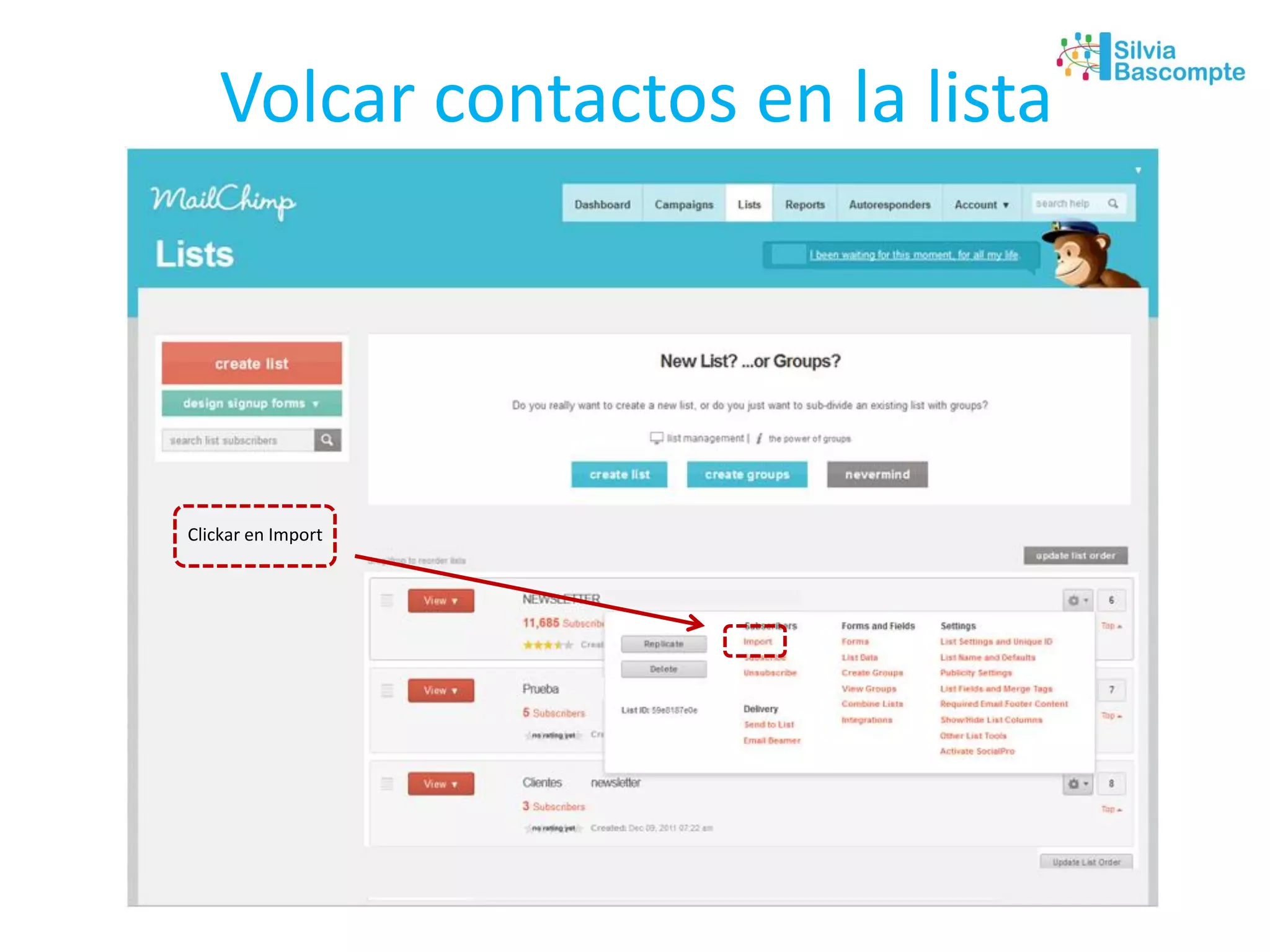 Volcar contactos en la lista
Clickar en Import
 
