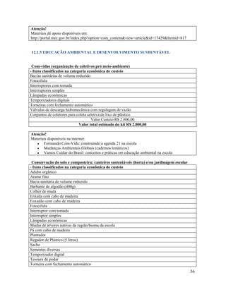 56
Atenção!
Materiais de apoio disponíveis em:
http://portal.mec.gov.br/index.php?option=com_content&view=article&id=17429&Itemid=817
12.1.5 EDUCAÇÃO AMBIENTAL E DESENVOLVIMENTO SUSTENTÁVEL
Com-vidas (organização de coletivos pró meio-ambiente)
- Itens classificados na categoria econômica de custeio
Bacias sanitárias de volume reduzido
Fotocélula
Interruptores com tomada
Interruptores simples
Lâmpadas econômicas
Temporizadores digitais
Torneiras com fechamento automático
Válvulas de descarga hidromecânica com regulagem de vazão
Conjuntos de coletores para coleta seletiva de lixo de plástico
Valor Custeio R$ 2.800,00
Valor total estimado do kit R$ 2.800,00
Atenção!
Materiais disponíveis na internet:
 Formando Com-Vida: construindo a agenda 21 na escola
 Mudanças Ambientais Globais (cadernos temáticos)
 Vamos Cuidar do Brasil: conceitos e práticas em educação ambiental na escola
Conservação do solo e composteira: canteiros sustentáveis (horta) e/ou jardinagem escolar
- Itens classificados na categoria econômica de custeio
Adubo orgânico
Arame fino
Bacia sanitária de volume reduzido
Barbante de algodão (400g)
Colher de muda
Enxada com cabo de madeira
Enxadão com cabo de madeira
Fotocélula
Interruptor com tomada
Interruptor simples
Lâmpadas econômicas
Mudas de árvores nativas da região/bioma da escola
Pá com cabo de madeira
Plantador
Regador de Plástico (5 litros)
Sacho
Sementes diversas
Temporizador digital
Tesoura de podar
Torneira com fechamento automático
 