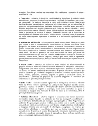 respeito à diversidade, combate aos estereótipos, ética e cidadania e promoção da saúde e
qualidade de vida.
• Fotografia – Utilização da fotografia como dispositivo pedagógico de reconhecimento
das diferentes imagens e identidades que envolvem a realidade dos estudantes, da escola e
da comunidade. Por meio da fotografia, a escola pode trabalhar o tema Educação em
Direitos Humanos compreendo um conjunto de ações educacionais que tem a finalidade de
promover o respeito dos direitos e liberdades fundamentais, contribuir para a prevenção e
combate ao preconceito, bullying, discriminação e violências. Na área da saúde, a escola
pode realizar uma mostra fotográfica sobre hábitos saudáveis no dia-a-dia, promoção da
saúde e prevenção de doenças e agravos. Importante ressaltar que a elaboração de
estratégias na área da saúde deve ser feita prioritariamente a partir do estudo de problemas
de saúde locais/regionais específicos à realidade e às necessidades apresentadas pelo
território.
• Histórias em Quadrinhos – Utilização deste gênero textual para a formação do gosto
pela leitura e para o desenvolvimento estético-visual de projetos educativos, numa
perspectiva de respeito à diversidade; proteção da infância e adolescência; equidade de
gênero e diversidade sexual; enfrentamento ao trabalho infantil; inclusão de pessoas com
deficiência; democracia e cidadania; liberdade artística, livre expressão do pensamento,
entre outras. Na área da promoção da saúde, são diversos os temas que podem ser
criativamente trabalhados por meio das Histórias em Quadrinhos: saúde bucal, alimentação
saudável, cuidado visual, práticas corporais, educação para saúde sexual e reprodutiva,
prevenção ao uso de drogas (álcool, tabaco e outras), saúde mental e prevenção à violência,
entre outros.
• Jornal Escolar – Utilização de recursos de mídia impressa no desenvolvimento de
projetos educativos dentro dos espaços escolares. Exercício da inteligência comunicativa
compartilhada com outras escolas e comunidades objetivando a promoção de uma cultura
de respeito aos direitos e liberdades fundamentais, da prática democrática e solidária por
meio de atividades que valorizem o respeito às diferenças, valorize a diversidade étnicoracial, cultural, geracional, territorial, corporal, de gênero e diversidade sexual, de
nacionalidade. Construção de propostas de cidadania engajando os estudantes em
experiências de aprendizagens significativas.
• Rádio Escolar – Essa atividade tem o propósito de trazer para o universo do estudante
temas de direitos humanos e promoção da saúde por meio de projeto de rádio escolar,
permitindo o acesso e a difusão de informação sobre direitos e liberdades fundamentais,
estimulando práticas de respeito às diferenças, assim como campanhas nas quais os
estudantes se engajam para promoção da saúde na escola e na comunidade, além da
prevenção de doenças e agravos.
• Robótica Educacional – Objetiva preparar os estudantes para montar mecanismos
robotizados simples baseados na utilização de "kits de montagem", possibilitando o
desenvolvimento de habilidades em montagem e programação de robôs. Proporciona um
ambiente de aprendizagem criativo e lúdico, em contato com o mundo tecnológico,
colocando em prática conceitos teóricos a partir de uma situação interativa, interdisciplinar
e integrada. Permite uma diversidade de abordagens pedagógicas em projetos que
desenvolvam habilidades e competências por meio da lógica, blocos lógicos, noção
espacial, teoria de controle de sistema de computação, pensamento matemático, sistemas
eletrônicos, mecânica, automação, sistema de aquisição de dados, ecologia, trabalhos em
grupos, organização e planejamento de projetos.

13

 