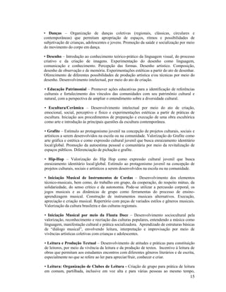 • Danças – Organização de danças coletivas (regionais, clássicas, circulares e
contemporâneas) que permitam apropriação de espaços, ritmos e possibilidades de
subjetivação de crianças, adolescentes e jovens. Promoção da saúde e socialização por meio
do movimento do corpo em dança.
• Desenho – Introdução ao conhecimento teórico-prático da linguagem visual, do processo
criativo e da criação de imagens. Experimentação do desenho como linguagem,
comunicação e conhecimento. Percepção das formas. Desenho artístico. Composição,
desenho de observação e de memória. Experimentações estéticas a partir do ato de desenhar.
Oferecimento de diferentes possibilidades de produção artística e/ou técnicas por meio do
desenho. Desenvolvimento intelectual, por meio do ato de criação.
• Educação Patrimonial – Promover ações educativas para a identificação de referências
culturais e fortalecimento dos vínculos das comunidades com seu patrimônio cultural e
natural, com a perspectiva de ampliar o entendimento sobre a diversidade cultural.
• Escultura/Cerâmica – Desenvolvimento intelectual por meio do ato de criação,
emocional, social, perceptivo e físico e experimentações estéticas a partir de práticas de
escultura. Iniciação aos procedimentos de preparação e execução de uma obra escultórica
como arte e introdução às principais questões da escultura contemporânea.
• Grafite – Estímulo ao protagonismo juvenil na concepção de projetos culturais, sociais e
artísticos a serem desenvolvidos na escola ou na comunidade. Valorização do Grafite como
arte gráfica e estética e como expressão cultural juvenil que busca enraizamento identitário
local/global. Promoção da autoestima pessoal e comunitária por meio da revitalização de
espaços públicos. Diferenciação de pichação e grafite.
• Hip-Hop – Valorização do Hip Hop como expressão cultural juvenil que busca
enraizamento identitário local/global. Estímulo ao protagonismo juvenil na concepção de
projetos culturais, sociais e artísticos a serem desenvolvidos na escola ou na comunidade.
• Iniciação Musical de Instrumentos de Cordas – Desenvolvimento dos elementos
técnico-musicais, bem como, do trabalho em grupo, da cooperação, do respeito mútuo, da
solidariedade, do senso crítico e da autonomia. Pode-se utilizar a percussão corporal, os
jogos musicais e as dinâmicas de grupo como ferramentas do processo de ensinoaprendizagem musical. Construção de instrumentos musicais alternativos. Execução,
apreciação e criação musical. Repertório com peças de variados estilos e gêneros musicais.
Valorização da cultura brasileira e das culturas regionais.
• Iniciação Musical por meio da Flauta Doce – Desenvolvimento sociocultural pela
valorização, reconhecimento e recriação das culturas populares, entendendo a música como
linguagem, manifestação cultural e prática socializadora. Aprendizado de estruturas básicas
de “diálogo musical”, envolvendo leitura, interpretação e improvisação por meio de
vivências artísticas coletivas com crianças e adolescentes.
• Leitura e Produção Textual – Desenvolvimento de atitudes e práticas para constituição
de leitores, por meio da vivência da leitura e da produção de textos. Incentivo à leitura de
obras que permitam aos estudantes encontros com diferentes gêneros literários e de escrita,
especialmente no que se refere ao ler para apreciar/fruir, conhecer e criar.
• Leitura: Organização de Clubes de Leitura - Criação de grupo para prática de leitura
em comum, partilhada, inclusive em voz alta e para várias pessoas ao mesmo tempo,

15

 