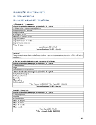 12. SUGESTÕES DE MATERIAIS (KITS)
12.1 ESCOLAS URBANAS
12.1.1 ACOMPANHAMENTO PEDAGÓGICO
Alfabetização / Letramento
- Itens classificados na categoria econômica de custeio
Alfabeto móvel em madeira ou plástico
Baralho de letras e palavras
Bingo de letras
Cartas para ditado
Dominó de leitura e escrita
Jogo cruza letras
Jogo da memória de sílabas
Jogo primeiras palavras
Varal de letras
Valor Custeio R$ 1.800,00
Valor estimado do kit R$ 1.800,00
Atenção!
Nesta atividade a escola deverá adequar os itens a serem adquiridos de acordo com a faixa etária dos
estudantes.
Ciências (inclui laboratório, feiras e projetos científicos)
- Itens classificados na categoria econômica de custeio
Apontador laser
Lupa
Sistema muscular/circulatório
- Itens classificados na categoria econômica de capital
Estação meteorológica
Balança de bancada
Binóculo
Microscópio
Relógio de Sol
Valor Custeio R$ 3.000,00 Valor Capital R$ 3.000,00
Valor estimado do kit R$ 6.000,00
História e Geografia
- Itens classificados na categoria econômica de capital
Atlas geográfico
Bússola
Globo terrestre
Mapa da Região
Mapa do Brasil
Mapa do Estado
Mapa Mundi
Valor Capital R$ 800,00
Valor estimado do kit R$ 800,00

45

 