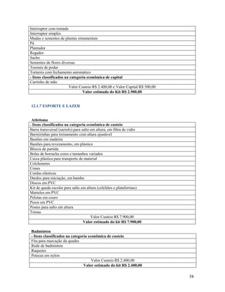 Interruptor com tomada
Interruptor simples
Mudas e sementes de plantas ornamentais
Pá
Plantador
Regador
Sacho
Sementes de flores diversas
Tesoura de podar
Torneira com fechamento automático
- Itens classificados na categoria econômica de capital
Carrinho de mão
Valor Custeio R$ 2.400,00 e Valor Capital R$ 500,00
Valor estimado do Kit R$ 2.900,00

12.1.7 ESPORTE E LAZER

Atletismo
- Itens classificados na categoria econômica de custeio
Barra transversal (sarrafo) para salto em altura, em fibra de vidro
Barreirinhas para treinamento com altura ajustável
Bastões em madeira
Bastões para revezamento, em plástico
Blocos de partida
Bolas de borracha cores e tamanhos variados
Caixa plástica para transporte de material
Colchonetes
Cones
Cordas elásticas
Dardos para iniciação, em bambu
Discos em PVC
Kit de queda escolar para salto em altura (colchões e plataformas)
Martelos em PVC
Pelotas em couro
Pesos em PVC
Postes para salto em altura
Trenas
Valor Custeio R$ 7.900,00
Valor estimado do kit R$ 7.900,00
Badminton
- Itens classificados na categoria econômica de custeio
Fita para marcação da quadra
Rede de badminton
Raquetes
Petecas em nylon
Valor Custeio R$ 2.400,00
Valor estimado do kit R$ 2.400,00

58

 