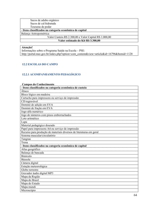 Sacos de adubo orgânico
Sacos de cal hidratada
Tesouras de podar
- Itens classificados na categoria econômica de capital
Balança Antropométrica
Valor Custeio R$ 2.300,00 e Valor Capital R$ 1.000,00
Valor estimado do Kit R$ 3.300,00
Atenção!
Informações sobre o Programa Saúde na Escola – PSE:
http://portal.mec.gov.br/index.php?option=com_content&view=article&id=16796&Itemid=1128

12.2 ESCOLAS DO CAMPO

12.2.1 ACOMPANHAMENTO PEDAGÓGICO

Campos do Conhecimento
- Itens classificados na categoria econômica de custeio
Ábaco
Bloco lógico em madeira
Cartucho para impressora ou serviço de impressão
CD regravável
Dominó de adição em EVA
Dominó de fração em EVA
Jogo alfa numérico
Jogo de números com pinos emborrachados
Loto aritmético
Lupa
Material pedagógico dourado
Papel para impressora A4 ou serviço de impressão
Recurso para produção de materiais diversos de literaturas em geral
Sistema muscular/circulatório
Tangran
Trena
- Itens classificados na categoria econômica de capital
Atlas geográfico
Balança de bancada
Binóculo
Bússola
Câmera digital
Estação meteorológica
Globo terrestre
Gravador áudio digital MP3
Mapa da Região
Mapa do Brasil
Mapa do Estado
Mapa mundi
Microscópio

64

 