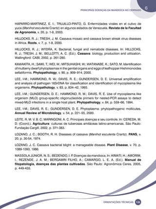 Principais doenças da mandioca no Cerrado 6 
HAPARRO-MARTINEZ, E. I.; TRUJILLO-PINTO, G. Enfermidades virales en el cutivo de 
yuca (Manihot esculenta Crantz) en algunos estados de Venezuela. Revista de la Facultad 
de Agronomia, v. 20, p. 1-6, 2003. 
HILLOCKS, R. J.; TRESH, J. M. Cassava mosaic and cassava brown streak virus diseases 
in Africa. Roots, v. 7, p. 1-8, 2000. 
HILLOCKS, R. J.; WYDRA, K. Bacterial, fungal and nematode diseases. In: HILLOCKS, 
R. J.; TRESH, J. M.; BELLOTTI, A. C. (Ed.). Cassava: biology, production and utilization. 
Wallingford: CABI, 2002, p. 261-280. 
KAWAKITA, H.; SAIKI, T.; WEI, W.; MITSUHASHI, W.; WATANABE, K.; SATO, M. Identification 
of mulberry dwarf phytoplasmas in the genital organs and eggs of leafhopper Hishimonoides 
sellatiformis. Phytopathology, v. 90, p. 909–914, 2000. 
LEE, I-M.; HAMMOND, R. W.; DAVIS, R. E.; GUNDERSEN, D. E. Universal amplification 
and analysis of pathogen 16SrDNA for classification and identification of mycoplasma like 
organisms. Phytopathology, v. 83, p. 834–42, 1993. 
LEE, I-M.; GUNDERSEN, D. E.; HAMMOND, R. W.; DAVIS, R. E. Use of mycoplasma like 
organism (MLO) group-specific oligonucleotide primers for nested-PCR assays to detect 
mixed-MLO infections in a single host plant. Phytopathology, v. 84, p. 559–66, 1994. 
LEE, I-M.; DAVIS, R. E.; GUNDERSEN, D. E. Phytoplasma: phytopathogenic mollicutes. 
Annual Review of Microbiology, v. 54, p. 221–55, 2000. 
LEITE, R. M. V. B. C; MARINGONI, A. C. Principais doenças e seu controle. In: CEREDA, M. 
D. (Coord.). Agricultura: culturas de tuberosas amiláceas latino-americanas. São Paulo: 
Fundação Cargill, 2002, p. 371-383. 
LOZANO, J. C.; BOOTH, R. H. Diseases of cassava (Manihot esculenta Crantz). PANS, v. 
20, p. 30-54, 1974. 
LOZANO, J. C. Cassava bacterial blight: a manageable disease. Plant Disease, v. 70, p. 
1089-1093, 1986. 
MASSOLA JÚNIOR, N. S.; BEDENDO, I. P. Doenças da mandioca. In: KIMATI, H.; AMORIM, 
l.; REZENDE, J. A. M.; BERGAMIN FILHO, A.; CAMARGO, L. E. A. (Ed.). Manual de 
fitopatologia, doenças das plantas cultivadas. São Paulo: Agronômica Ceres, 2005, 
p. 449-455. 
Oreinatções Técnacis 133 
 