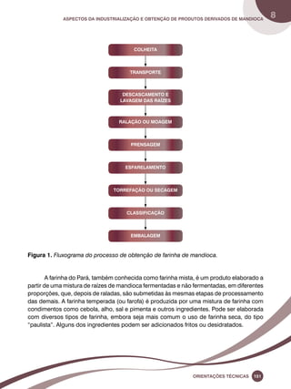Aspectos da industrialização e obtenção de produtos derivados de mandioca 8 
Oreinatções Técnacis 151 
COLHEITA 
TRANSPORTE 
DESCASCAMENTO E 
LAVAGEM DAS RAÍZES 
RALAÇÃO OU MOAGEM 
PRENSAGEM 
ESFARELAMENTO 
TOREFAÇÃO OU SECAGEM 
CLASSIFICAÇÃO 
EMBALAGEM 
Figura 1. Fluxograma do processo de obtenção de farinha de mandioca. 
A farinha do Pará, também conhecida como farinha mista, é um produto elaborado a 
partir de uma mistura de raízes de mandioca fermentadas e não fermentadas, em diferentes 
proporções, que, depois de raladas, são submetidas às mesmas etapas de processamento 
das demais. A farinha temperada (ou farofa) é produzida por uma mistura de farinha com 
condimentos como cebola, alho, sal e pimenta e outros ingredientes. Pode ser elaborada 
com diversos tipos de farinha, embora seja mais comum o uso de farinha seca, do tipo 
“paulista”. Alguns dos ingredientes podem ser adicionados fritos ou desidratados. 
 