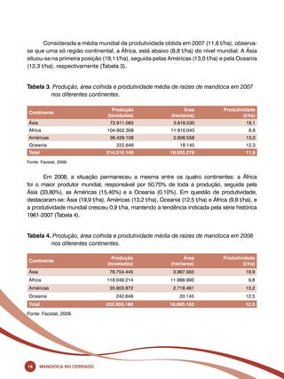Considerada a média mundial de produtividade obtida em 2007 (11,6 t/ha), observa-se 
que uma só região continental, a África, está abaixo (8,8 t/ha) do nível mundial. A Ásia 
situou-se na primeira posição (19,1 t/ha), seguida pelas Américas (13,0 t/ha) e pela Oceania 
(12,3 t/ha), respectivamente (Tabela 3). 
Tabela 3. Produção, área colhida e produtividade média de raízes de mandioca em 2007 
nos diferentes continentes. 
Continente 
16 Mandioca no Cerrado 
Produção 
(toneladas) 
Área 
(hectares) 
Produtividade 
(t/ha) 
Ásia 72.911.083 3.818.530 19,1 
África 104.952.309 11.910.043 8,8 
Américas 36.429.108 2.808.558 13,0 
Oceania 222.649 18.145 12,3 
Total 214.515.149 18.555.276 11,6 
Fonte: Faostat, 2009. 
Em 2008, a situação permaneceu a mesma entre os quatro continentes: a África 
foi o maior produtor mundial, responsável por 50,70% de toda a produção, seguida pela 
Ásia (33,80%), as Américas (15,40%) e a Oceania (0,10%). Em questão de produtividade, 
destacaram-se: Ásia (19,9 t/ha), Américas (13,2 t/ha), Oceania (12,5 t/ha) e África (9,8 t/ha), e 
a produtividade mundial cresceu 0,9 t/ha, mantendo a tendência indicada pela série histórica 
1961-2007 (Tabela 4). 
Tabela 4. Produção, área colhida e produtividade média de raízes de mandioca em 2008 
nos diferentes continentes. 
Continente 
Produção 
(toneladas) 
Área 
(hectares) 
Produtividade 
(t/ha) 
Ásia 78.754.445 3.967.563 19,9 
África 118.049.214 11.988.993 9,8 
Américas 35.903.872 2.718.461 13,2 
Oceania 242.649 20.145 12,5 
Total 232.950.180 18.695.162 12,5 
Fonte: Faostat, 2009. 
 