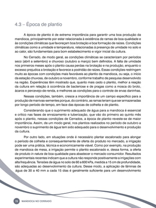 4.3 – Época de plantio 
A época de plantio é de extrema importância para garantir uma boa produção da 
mandioca, principalmente por estar relacionada à existência de ramas de boa qualidade e 
às condições climáticas que favoreçam boa brotação e boa formação de raízes. Condições 
climáticas como a umidade e temperatura, relacionadas à presença de umidade no solo e 
ao calor, são fundamentais para bom estabelecimento e vigor inicial da cultura. 
No Cerrado, de modo geral, as condições climáticas se caracterizam por períodos 
seco (abril a setembro) e chuvoso (outubro a março) bem definidos. A falta de umidade 
nos primeiros meses após o plantio causa perdas na brotação e na produção, enquanto o 
excesso prejudica a brotação e favorece a podridão de raízes. Essas condições restringem 
muito as épocas com condições mais favoráveis ao plantio da mandioca, ou seja, o início 
da estação chuvosa, de outubro a novembro, conforme trabalho de pesquisa desenvolvido 
na região. Experiências têm mostrado que, quanto mais cedo o plantio, melhor a reação 
da cultura em relação à ocorrência de bacteriose e de pragas como a mosca do broto, 
ácaros e percevejo-de-renda, e melhores as condições para o controle de ervas daninhas. 
Nessas condições, também, cresce a importância de um campo específico para a 
produção de manivas-sementes porque, do contrário, as ramas teriam que ser armazenadas 
por longo período de tempo, em face das épocas de colheita e de plantio. 
Considerando que o suprimento adequado de água para a mandioca é essencial 
e crítico nas fases de enraizamento e tuberização, que vão do primeiro ao quinto mês 
após o plantio, nessas condições de Cerrados, a época de plantio reveste-se de maior 
importância. Assim, de um modo geral, nos plantios realizados no período de outubro a 
novembro o suprimento de água tem sido adequado para o desenvolvimento e produção 
da cultura. 
Por outro lado, em situações onde é necessário plantar escalonado para alongar 
o período de colheita e consequentemente de oferta do produto no mercado, a irrigação 
pode ser uma prática, técnica e economicamente viável. Como por exemplo, na produção 
de mandioca de mesa, a irrigação permite o plantio escalonado e, dessa forma, a oferta 
de produto in natura de boa qualidade para abastecer o mercado consumidor. Resultados 
experimentais recentes indicam que a cultura não responde positivamente a irrigações com 
alta frequência. Tensões de água no solo de 60 a 600 kPa, medida a 15 cm de profundidade, 
são adequadas ao desenvolvimento da cultura. Desse modo, a aplicação de lâminas de 
água de 30 a 40 mm a cada 15 dias é geralmente suficiente para um desenvolvimento 
72 Mandioca no Cerrado 
 