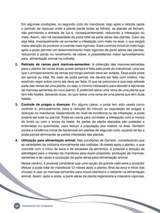 Em algumas condições, no segundo ciclo do mandiocal, logo após a rebrota (após 
o período de repouso onde a planta perde todas as folhas), as plantas se fecham, 
não permitindo a entrada de luz e, consequentemente, reduzindo a infestação do 
mato. Assim, não há necessidade da poda total da parte aérea das plantas. Caso ela 
seja feita, invariavelmente vai aumentar a infestação com mato na área, o que exigirá 
maior atenção do produtor e controle mais rigoroso. Esse controle inicial do mato logo 
após a poda permite um desenvolvimento mais vigoroso da parte aérea das plantas, 
reduzindo a perda no rendimento de raízes, e possibilitando maior aproveitamento 
para alimentação animal na colheita. 
2. Retirada de ramas para manivas-sementes: A obtenção das manivas-sementes 
para o plantio de novas áreas quase sempre é feita pela poda do mandiocal, uma vez 
que o armazenamento de ramas por longo período deve ser evitado. Essa poda pode 
ser parcial ou total. No caso de poda parcial, ela deverá ser feita com critério, não 
existindo regra sobre como ela deve ser feita. O que se preconiza é que seja retirada 
parte das ramas de uma planta, ou seja, o mínimo necessário para atender à demanda 
de manivas-sementes do novo plantio. É preferível retirar uma rama de uma planta que 
tem três hastes, deixando duas, do que retirar uma rama de uma planta que tem duas 
hastes. 
3. Controle de pragas e doenças: Em alguns casos, a poda tem sido usada como 
controle e, principalmente, para a redução do inóculo ou população de pragas e 
doenças no mandiocal. Dependendo do nível de incidência ou de infestação, a poda 
poderá ser total ou parcial. Pode-se usá-la para combater a infestação com a mosca 
do broto ou com a broca da haste. As partes da planta atacadas são podadas e 
enterradas ou queimadas, para reduzir a população dos insetos na área. Também 
contra a incidência inicial de bacteriose em plantas de segundo ciclo, quando se faz a 
poda parcial eliminando as partes infectadas das plantas. 
4. Utilização para alimentação animal: Nas condições de Cerrado, considerando que 
as variedades de indústria normalmente são colhidas 18 meses após o plantio, o que 
coincide com o início da seca e de escassez de alimentos, é possível a adoção de 
estratégias para o manejo da mandioca para duplo propósito: produção de manivas-sementes 
e de raízes e produção da parte aérea para alimentação animal. 
Nesse cenário, é possível considerar que uma opção de grande valia seria o produtor 
efetuar a poda total do mandiocal 12 meses após o plantio (final da seca e início das 
chuvas) e usar as manivas-sementes para novos plantios e o restante na alimentação 
animal. Assim, após a poda, a parte aérea da planta regeneraria e cresceria vigorosa, 
84 Mandioca no Cerrado 
 