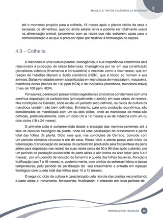 manejo e tratos culturais da mandioca 4 
até o momento propício para a colheita, 18 meses após o plantio (início da seca e 
escassez de alimentos), quando ainda estaria tenra e poderia ser totalmente usada 
na alimentação animal, juntamente com as raízes que não estiverem aptas para a 
comercialização e as que o produtor optar por destinar à formulação de rações. 
Oreinatções Técnacis 85 
4.9 – Colheita 
A mandioca é uma cultura perene, cianogênica, e sua importância econômica está 
relacionada à produção de raízes tuberosas. Cianogênica por ter em sua constituição 
glicosídeos ciânicos (linamarina e lotraustalina) e enzimas como a linamarase, que em 
reação de hidrólise liberam o ácido cianídrico (HCN), que é tóxico ao homem e aos 
animais. Daí as variedades serem classificadas em mandiocas de mesa (aipim, macaxeira, 
mandioca doce) (menos de 100 ppm HCN) e de indústrias (mandioca, mandioca brava) 
(mais de 100 ppm HCN). 
Por sua vez, perene por possuir ciclos vegetativos e produtivos constantes e com uma 
contínua deposição de carboidratos (principalmente o amido) em suas raízes de reserva. 
Nas condições de Cerrado, onde existe um período seco definido, os ciclos da cultura da 
mandioca também são bem definidos. Entretanto, para uma produção econômica, são 
considerados os mandiocais com um ou dois ciclos, onde as mandiocas de mesa são 
colhidas, preferencialmente, com um ciclo (10 a 12 meses) e as de indústria com um ou 
dois ciclos (18 a 24 meses). 
O primeiro ciclo é compreendido desde a brotação das manivas-sementes até a 
fase de repouso fisiológico da planta, onde há uma paralisação do crescimento e perda 
total das folhas da planta. Ciclo esse que, nas condições de Cerrado, coincide com 
um período climático chuvoso e um de seca. Nesse ciclo a planta passa pelo início de 
tuberização (translocação do excesso de carboidrato produzido pela fotossíntese da parte 
aérea para deposição nas raízes) de suas raízes cerca de 80 a 90 dias após o plantio; por 
um período de produção exuberante de parte aérea e alto índice de área foliar (aos 5 a 8 
meses); por um período de redução do tamanho e queda das folhas baixeiras, floração e 
frutificação (aos 7 a 10 meses); e, posteriormente, com o início do estresse hídrico e baixas 
temperaturas, pelo período de paralisação do seu crescimento e entrada em repouso 
fisiológico com queda total das folhas (aos 10 a 12 meses). 
O segundo ciclo da cultura é caracterizado pela rebrota das plantas reconstituindo 
a parte aérea e, novamente, florescendo, frutificando, e entrando em novo período de 
 