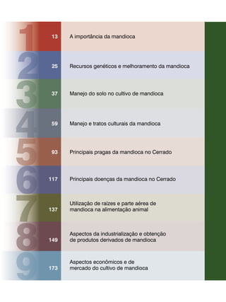 A importância da mandioca 
Recursos genéticos e melhoramento da mandioca 
Manejo do solo no cultivo de mandioca 
Manejo e tratos culturais da mandioca 
Principais pragas da mandioca no Cerrado 
Principais doenças da mandioca no Cerrado 
Utilização de raízes e parte aérea de 
mandioca na alimentação animal 
Aspectos da industrialização e obtenção 
de produtos derivados de mandioca 
Aspectos econômicos e de 
mercado do cultivo de mandioca 
13 
25 
37 
59 
93 
117 
137 
149 
173 
1 
2 
3456789 
 