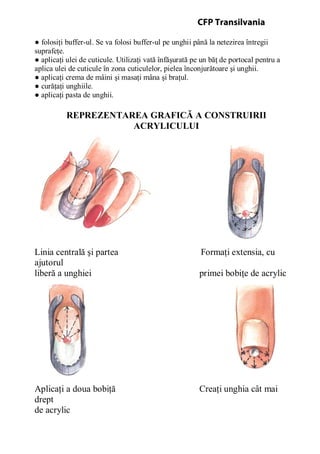 ● folosiţi buffer-ul. Se va folosi buffer-ul pe unghii până la netezirea întregii
suprafeţe.
● aplicaţi ulei de cuticule. Utilizaţi vată înfăşurată pe un băţ de portocal pentru a
aplica ulei de cuticule în zona cuticulelor, pielea înconjurătoare şi unghii.
● aplicaţi crema de mâini şi masaţi mâna şi braţul.
● curăţaţi unghiile.
● aplicaţi pasta de unghii.
REPREZENTAREA GRAFICĂ A CONSTRUIRII
ACRYLICULUI
Linia centrală şi partea Formaţi extensia, cu
ajutorul
liberă a unghiei primei bobiţe de acrylic
Aplicaţi a doua bobiţă Creaţi unghia cât mai
drept
de acrylic
CFP Transilvania
 