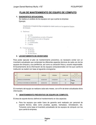Jurgen Daniel Martínez Muñiz 4”E” PCSUPPORT
Página
31
PLAN DE MANTENIMIENTO DE EQUIPO DE CÓMPUTO
1. DIAGNOSTICO SITUACIONAL
Se realiza un análisis de los equipos con que cuenta la empresa:
Ejemplo:
2. LEVANTAMIENTO DE INVENTARIO
Para poder ejecutar el plan de mantenimiento preventivo, es necesario contar con un
inventario actualizado que contemple los diferentes aspectos técnicos de cada uno de los
equipos de cómputo y sus periféricos, así como su ubicación física y usuario responsable.
El levantamiento de la información de los equipos computacionales con los que cuenta la
institución se realizó con base al siguiente cronograma:
El inventario del equipo se realizara cada seis meses, con el fin de tener actualizada dicha
información.
3. MANTENIMIENTO PREVENTIVO DE EQUIPO DE COMPUTO.
El área de soporte técnico definirá el mantenimiento en dos aspectos:
a. Para los equipos que están fuera de garantía será realizado por personal de
soporte técnico, tales como pruebas, ajustes, reemplazo, reinstalación, etc.
Tomando como base el inventario actualizado de los equipos de cómputo con los
que cuenta la empresa.
 