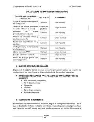 Jurgen Daniel Martínez Muñiz 4”E” PCSUPPORT
Página
34
OTRAS TAREAS DE MANTENIMIENTO PREVENTIVO
TAREA DE MANTENIMIENTO
PREVENTIVO
FRECUENCIA RESPONSABLE
Cotejar el funcionamiento global
del computador
Semanal Erni Navarro
Observar de donde provienen
los ruidos extraños (si lo hay)
Cuando sea
prudente
Jurgen Marinez
Mantener una buena
presentación de hardware
Semanal Erni Navarro
Analizar las unidades ópticas y
de almacenamiento
Semanal Jurgen Marinez
Revisar que los puntos de red y
canaletas
Semanal Erni Navarro
Desfragmentar y liberar espacio
en el disco duro
Mensual Erni Navarro
Liberar memoria RAM Mensual Jurgen Marinez
Ejecutar antivirus y scandisk Semanal Jurgen Marinez
Medir el trabajo global del
sistema operativo
Mensual Erni Navarro
6. NUMERO DE RECURSOS HUMANOS
El personal de soporte técnico con que se cuenta para poder realizar los servicios de
mantenimiento son tres: El gerente de soporte técnico y dos técnicos a su cargo.
7. MATERIALES NECESARIOS PARA REALIZAR EL MANTENIMIENTO ES EL
SIGUIENTE:
 Aire comprimido o aspiradora.
 Kit de desarmadores.
 Mascarilla
 Guantes
 Spray limpia contactos
 Pulsera antiestática.
8. SEGUIMIENTO Y MONITOREO.
El desarrollo del mantenimiento se efectuara, según el cronograma establecido , en el
cual se detallan las fechas a realizarlo, además de avisar anticipadamente al personal que
está haciendo uso del equipo para que puedan programar un tiempo idóneo para la
 