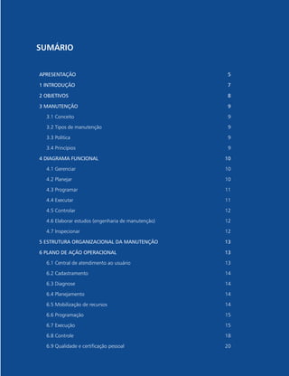 APRESENTAÇÃO 5
1 INTRODUÇÃO 7
2 OBJETIVOS 8
3 MANUTENÇÃO 9
3.1 Conceito 9
3.2 Tipos de manutenção 9
3.3 Política 9
3.4 Princípios 9
4 DIAGRAMA FUNCIONAL 10
4.1 Gerenciar 10
4.2 Planejar 10
4.3 Programar 11
4.4 Executar 11
4.5 Controlar 12
4.6 Elaborar estudos (engenharia de manutenção) 12
4.7 Inspecionar 12
5 ESTRUTURA ORGANIZACIONAL DA MANUTENÇÃO 13
6 PLANO DE AÇÃO OPERACIONAL 13
6.1 Central de atendimento ao usuário 13
6.2 Cadastramento 14
6.3 Diagnose 14
6.4 Planejamento 14
6.5 Mobilização de recursos 14
6.6 Programação 15
6.7 Execução 15
6.8 Controle 18
6.9 Qualidade e certificação pessoal 20
SUMÁRIO
 
