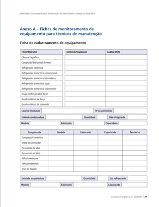 Secretaria de Vigilância em Saúde/MS • 39
MANUTENÇÃO DE EQUIPAMENTOS DE REFRIGERAÇÃO, AR CONDICIONADO E GERAÇÃO DE EMERGÊNCIA
Anexo A – Fichas de monitoramento de
equipamento para técnicos de manutenção
Ficha de cadastramento de equipamento
EQUIPAMENTO MODELO/TAMANHO FABRICANTE
Câmara frigorífica
Congelador horizontal (freezer)
Refrigerador comercial
Refrigerador doméstico convencional
Refrigerador doméstico fotovoltaico
Refrigerador doméstico a gás
Refrigerador doméstico a querosene
Grupo motor-gerador diesel
Quadro elétrico de força
Quadro elétrico de comando
Local de instalação No
do patrimônio
Unidade condensadora Quantidade Gás refrigerante
Modelo Fabricante Capacidade
Componente Modelo Fabricante Capacidade Tensão/ ø
Compressor hermético
Motor do ventilador
Pressostato de alta
Pressostato de óleo
Válvula reversora
Válvula solenóide
Visor de líquido
Unidade evaporadora Quantidade Gás refrigerante
Modelo Fabricante Capacidade
 