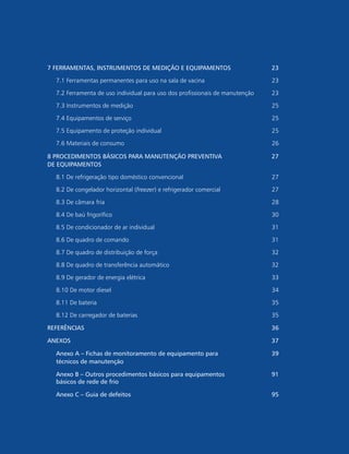 7 FERRAMENTAS, INSTRUMENTOS DE MEDIÇÃO E EQUIPAMENTOS 23
7.1 Ferramentas permanentes para uso na sala de vacina 23
7.2 Ferramenta de uso individual para uso dos profissionais de manutenção 23
7.3 Instrumentos de medição 25
7.4 Equipamentos de serviço 25
7.5 Equipamento de proteção individual 25
7.6 Materiais de consumo 26
8 PROCEDIMENTOS BÁSICOS PARA MANUTENÇÃO PREVENTIVA
DE EQUIPAMENTOS
27
8.1 De refrigeração tipo doméstico convencional 27
8.2 De congelador horizontal (freezer) e refrigerador comercial 27
8.3 De câmara fria 28
8.4 De baú frigorífico 30
8.5 De condicionador de ar individual 31
8.6 De quadro de comando 31
8.7 De quadro de distribuição de força 32
8.8 De quadro de transferência automático 32
8.9 De gerador de energia elétrica 33
8.10 De motor diesel 34
8.11 De bateria 35
8.12 De carregador de baterias 35
Referências 36
ANEXOS 37
Anexo A – Fichas de monitoramento de equipamento para
técnicos de manutenção
39
Anexo B – Outros procedimentos básicos para equipamentos
básicos de rede de frio
91
Anexo C – Guia de defeitos 95
 