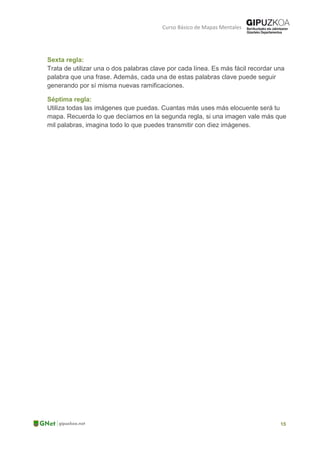 Curso Básico de Mapas Mentales
Sexta regla:
Trata de utilizar una o dos palabras clave por cada línea. Es más fácil recordar una
palabra que una frase. Además, cada una de estas palabras clave puede seguir
generando por sí misma nuevas ramificaciones.
Séptima regla:
Utiliza todas las imágenes que puedas. Cuantas más uses más elocuente será tu
mapa. Recuerda lo que decíamos en la segunda regla, si una imagen vale más que
mil palabras, imagina todo lo que puedes transmitir con diez imágenes.
 