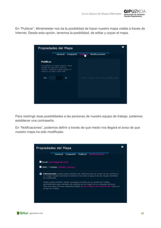 Curso Básico de Mapas Mentales
En “Publicar”, Mindmeister nos da la posibilidad de hacer nuestro mapa visible a través de
Internet. Desde esta opción, tenemos la posibilidad, de editar y copiar el mapa.
Para restringir esas posibilidades a las personas de nuestro equipo de trabajo, podemos
establecer una contraseña.
En “Notificaciones”, podemos definir a través de qué medio nos llegará el aviso de que
nuestro mapa ha sido modificado.
 