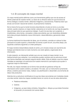 Curso Básico de Mapas Mentales
Un mapa mental podría definirse como una herramienta gráfica que nos da acceso al
infinito potencial de nuestra mente. La clave de su eficacia radica en que funciona de
forma análoga a nuestra mente: utilizando imágenes y asociaciones. Podemos decir que
emula una función natural del cerebro: el pensamiento irradiante.
De la misma forma que la mente funciona describiendo círculos en torno a una idea
central, cuando creamos un mapa mental, colocamos en el centro de una hoja de papel la
idea principal sobre la que queremos trabajar. A partir de esa idea van surgiendo, o
irradiándose, otros temas, conceptos o ideas secundarias que van situándose alrededor
de la idea principal añadiendo nueva información, desarrollándola y generando ideas
nuevas.
La forma tradicional de desarrollo de ideas, por el contrario, consiste en colocar la idea
principal en la parte superior y desarrollar los temas a partir de ahí, de arriba abajo y de
izquierda a derecha siguiendo un orden jerárquico.
El mapa mental al desarrollarse desde el centro y en círculos rompe con esa forma de
trabajar permitiendo tener en todo momento una visión global y organizada de la
información.
A este respecto, es interesante señalar que una vez creado el mapa mental, no es
habitual tenerlo que rediseñar. Los contenidos pueden cambiar pero la estructura inicial
que hemos diseñado casi siempre seguirá siendo válida. Esto es debido a que los mapas
mentales se asemejan a la estructura de nuestra memoria lo cual explica que ayuden a
organizar mejor la información.
Por ello, los mapas mentales son la forma más sencilla de gestionar el flujo de
información entre nuestro cerebro y el exterior. Por esto, son un instrumento sumamente
eficaz y creativo para tomar notas, realizar una planificación o desarrollar una tormenta de
ideas más productiva.
Además de su estructura ramificada en la que las ideas secundarias son irradiadas desde
una idea central, todos los mapas mentales tienen en común el uso de estos elementos:
 Palabras enlazadas.
 Colores
 Imágenes, ya sean éstas símbolos, fotografías o dibujos ya que éstas fomentan
el recuerdo y la evocación de nuevas ideas.
 