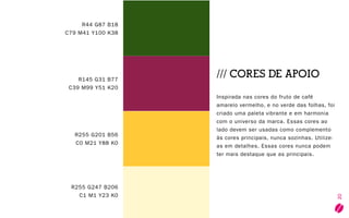 20
R255 G201 B56
C0 M21 Y88 K0
R145 G31 B77
C39 M99 Y51 K20
R44 G87 B18
C79 M41 Y100 K38
R255 G247 B206
C1 M1 Y23 K0
/// CORES DE APOIO
Inspirada nas cores do fruto de café
amarelo vermelho, e no verde das folhas, foi
criado uma paleta vibrante e em harmonia
com o universo da marca. Essas cores ao
lado devem ser usadas como complemento
às cores principais, nunca sozinhas. Utilize-
as em detalhes. Essas cores nunca podem
ter mais destaque que as principais.
 