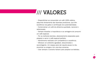 4
/// VALORES
• Disponibilizar ao consumidor um café 100% arábica,
adquirido diretamente das fazendas produtoras, que têm
excelência nos grãos e certificação de sustentabilidade;
• Comercializar um café de altíssima qualidade, nacional e
selecionado;
• Sempre ressaltar a importância e as vantagens de consumir
um café especial;
• Ter os melhores baristas, absolutamente preparados para
preparar e servir o café especial perfeito;
• Atendimento realizado com competência e excelência;
• Oferecer um ambiente agradável, descontraído e
aconchegante. Um espaço para dar aquela pausa no dia,
encontrar os amigos e ter uma boa conversa;
• Usar sempre o conceito Italiano para preparar as bebidas;
 