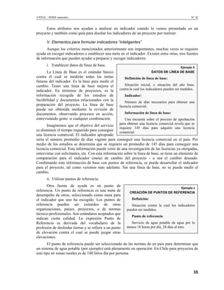 CEPAL - SERIE manuales                                                                              N° 42


      Estos atributos nos ayudan a analizar un indicador cuando lo vemos presentado en un
proyecto y también como guía para diseñar los indicadores de un proyecto por realizar.

      V. Elementos para formular indicadores “inteligentes”
       Aunque los criterios mencionados anteriormente son importantes, muchas veces se requiere
ayuda en escoger indicadores o establecer una meta en el indicador. Existen entre otras, tres fuentes
de información que pueden ayudar a preparar y escoger indicadores:
      i. Establecer datos de línea de base.
                                                                                             Ejemplo 5
       La Línea de Base es el estándar básico                              DATOS DE LÍNEA DE BASE
contra el cual se medirán todas las metas                Definición de línea de base:
futuras del indicador. Es la base para medir el
cambio. Tener una línea de base mejora el               Situación inicial, o situación del año base,
indicador. En términos de proyectos, es la           contra la cual los indicadores pueden ser medidos.
información recogida de los estudios de                  Indicador:
factibilidad y documentos relacionados con la            Número de días necesarios para obtener una
preparación del proyecto. La línea de base           licencia comercial.
puede ser obtenida mediante la revisión de
documentos, observando procesos en acción,               Información de línea de base:
entrevistando gente -o cualquier combinación.           Una encuesta sobre el proceso de aprobación
                                                     para obtener una licencia comercial revela que se
       Imaginemos que el objetivo del servicio
                                                     requiere 145 días para adquirir una licencia
es disminuir el tiempo requerido para conseguir      comercial.
una licencia comercial. El indicador apropiado
sería el número promedio de días vigente para conseguir una licencia comercial en el país. Por
medio de los estudios se determina que se requiere un promedio de 145 días para conseguir una
licencia comercial. Esta información puede venir de una investigación de las licencias ya otorgadas,
entrevistas con solicitantes, etc. Con esta información sobre la línea de base, se tiene un elemento de
comparación para el indicador (meta) de cambio del proyecto - o sea el cambio deseado.
Combinando esta información de base con puntos de referencia, se puede desarrollar el indicador
para el proyecto, tal como veremos más adelante. Sin una línea de base, no se puede medir el
cambio.
      ii. Utilizar puntos de referencia.
       Otra fuente de ayuda es un punto de
                                                                                              Ejemplo 6
referencia. Un punto de referencia es una meta de           CREACIÓN DE PUNTOS DE REFERENCIA
desempeño de otros, seleccionado como meta para
el indicador que uno ha escogido. Los puntos de              Definición:
referencia pueden ser extraídos de otras                     Situación contra la cual los indicadores
organizaciones, países, proyectos, o de normas            pueden ser medidos.
técnico-profesionales. Son estándares aceptados que
                                                             Punto de referencia:
indican cierta calidad. La expresión Punto de
Referencia es derivada del vocabulario de la                Servicio de agua potable de agua por lo
profesión de deslindar tierras y se refiere a un punto    menos 18 horas por día, 28 días al mes.
de elevación contra el cual se puede juzgar otras
elevaciones.
       El punto de referencia puede ser seleccionado de las normas de un país para determinar que
un sistema de agua potable (por ejemplo) está plenamente en operación. En Chile para proyectos de
este tipo en zonas rurales es de 180 litros día por persona.



                                                                                                      35
 
