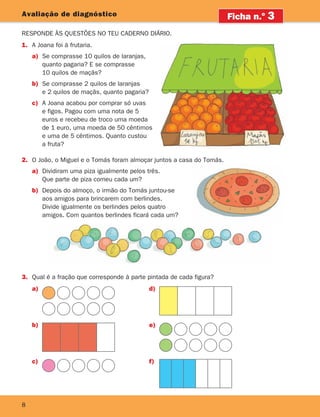 8
8
Avaliação de diagnóstico
Responde às questões no teu caderno diário.
Ficha n.o
3
1.	A Joana foi à frutaria.
a)	
Se comprasse 10 quilos de laranjas,
quanto pagaria? E se comprasse
10 quilos de maçãs?
b)	Se comprasse 2 quilos de laranjas
e 2 quilos de maçãs, quanto pagaria?
c)	A Joana acabou por comprar só uvas
e figos. Pagou com uma nota de 5
euros e recebeu de troco uma moeda
de 1 euro, uma moeda de 50 cêntimos
e uma de 5 cêntimos. Quanto custou
a fruta?
a)
b)
c)
d)
e)
f)
3.	Qual é a fração que corresponde à parte pintada de cada figura?
2.	
O João, o Miguel e o Tomás foram almoçar juntos a casa do Tomás.
a)	Dividiram uma piza igualmente pelos três.
Que parte de piza comeu cada um?
b)	Depois do almoço, o irmão do Tomás juntou-se
aos amigos para brincarem com berlindes.
Divide igualmente os berlindes pelos quatro
amigos. Com quantos berlindes ficará cada um?
261287 006-011.indd 8 30/05/14 17:47
 