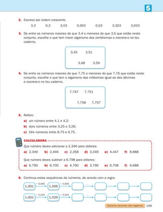 109
5
Números racionais não negativos
2. Escreve por ordem crescente.
3,3    0,3    3,03    0,003    0,03    3,303    3,033
3.	
De entre os números maiores do que 3,4 e menores do que 3,5 que estão neste
conjunto, escolhe o que tem maior algarismo das centésimas e escreve-o no teu
caderno.
CALCULADORa
	
Que número deves adicionar a 2,346 para obteres:
a) 2,349 b) 2,446 c) 2,358 d) 3,349 e) 4,447 f) 8,888
Que número deves subtrair a 6,798 para obteres:
a) 6,790 b) 6,700 c) 4,700 d) 3,790 e) 6,708 f) 6,688
6. Continua estas sequências de números, de acordo com a regra.
1 0,005
1 0,025
1 0,005
1 0,025
…
…
1,001
1,001
1,006
1,026
5. Refere:
a) um número entre 4,1 e 4,2;
b) dois números entre 3,25 e 3,26;
c) três números entre 8,75 e 9,75.
4.	
De entre os números maiores do que 7,75 e menores do que 7,76 que estão neste
conjunto, escolhe o que tem o algarismo das milésimas igual ao das décimas
e escreve-o no teu caderno.
3,45
3,48
3,51
3,59
7,747
7,758
7,751
7,757
261287 092-113.indd 109 30/05/14 17:55
 