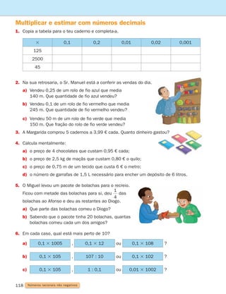 118
Multiplicar e estimar com números decimais
1. Copia a tabela para o teu caderno e completa-a.
3 0,1 0,2 0,01 0,02 0,001
125
2500
45
2. Na sua retrosaria, o Sr. Manuel está a conferir as vendas do dia.
a)	
Vendeu 0,25 de um rolo de fio azul que media
140 m. Que quantidade de fio azul vendeu?
b)	
Vendeu 0,1 de um rolo de fio vermelho que media
245 m. Que quantidade de fio vermelho vendeu?
c)	
Vendeu 50 m de um rolo de fio verde que media
150 m. Que fração do rolo de fio verde vendeu?
3.	
A Margarida comprou 5 cadernos a 3,99 € cada. Quanto dinheiro gastou?
4. Calcula mentalmente:
a) o preço de 4 chocolates que custam 0,95 € cada;
b) o preço de 2,5 kg de maçãs que custam 0,80 € o quilo;
c) o preço de 0,75 m de um tecido que custa 6 € o metro;
d) o número de garrafas de 1,5 L necessário para encher um depósito de 6 litros.
5.	
O Miguel levou um pacote de bolachas para o recreio.
Ficou com metade das bolachas para si, deu
1
4
das
bolachas ao Afonso e deu as restantes ao Diogo.
a) Que parte das bolachas comeu o Diogo?
b)	
Sabendo que o pacote tinha 20 bolachas, quantas
bolachas comeu cada um dos amigos?
6. Em cada caso, qual está mais perto de 10?
a) 0,1 3 1005 , 0,1 3 12 ou 0,1 3 108 ?
b) 0,1 3 105 , 107 : 10 ou 0,1 3 102 ?
c) 0,1 3 105 , 1 : 0,1 ou 0,01 3 1002 ?
Números racionais não negativos
261287 114-131.indd 118 30/05/14 17:56
 