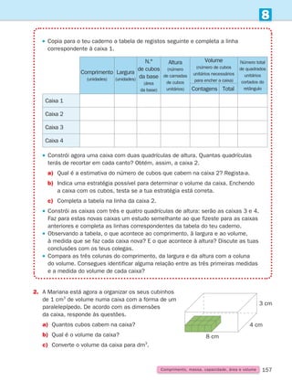 157
Comprimento, massa, capacidade, área e volume
8
 
Constrói agora uma caixa com duas quadrículas de altura. Quantas quadrículas
terás de recortar em cada canto? Obtém, assim, a caixa 2.
a)	
Qual é a estimativa do número de cubos que cabem na caixa 2? Regista-a.
b)	
Indica uma estratégia possível para determinar o volume da caixa. Enchendo
a caixa com os cubos, testa se a tua estratégia está correta.
c)	
Completa a tabela na linha da caixa 2.
 
Constrói as caixas com três e quatro quadrículas de altura: serão as caixas 3 e 4.
Faz para estas novas caixas um estudo semelhante ao que fizeste para as caixas
anteriores e completa as linhas correspondentes da tabela do teu caderno.
 
Observando a tabela, o que acontece ao comprimento, à largura e ao volume,
à medida que se faz cada caixa nova? E o que acontece à altura? Discute as tuas
conclusões com os teus colegas.
 
Compara as três colunas do comprimento, da largura e da altura com a coluna
do volume. Consegues identificar alguma relação entre as três primeiras medidas
e a medida do volume de cada caixa?
Comprimento
(unidades)
Largura
(unidades)
N.º
de cubos
da base
(área
da base)
Altura
(número
de camadas
de cubos
unitários)
Volume
(número de cubos
unitários necessários
para encher a caixa)
Número total
de quadrados
unitários
cortados do
retângulo
Contagens Total
Caixa 1
Caixa 2
Caixa 3
Caixa 4
 
Copia para o teu caderno a tabela de registos seguinte e completa a linha
correspondente à caixa 1.
8 cm
4 cm
3 cm
2.	
A Mariana está agora a organizar os seus cubinhos
de 1 cm3
de volume numa caixa com a forma de um
paralelepípedo. De acordo com as dimensões
da caixa, responde às questões.
a) Quantos cubos cabem na caixa?
b) Qual é o volume da caixa?
c) Converte o volume da caixa para dm3
.
261287 150-165.indd 157 30/05/14 17:58
 