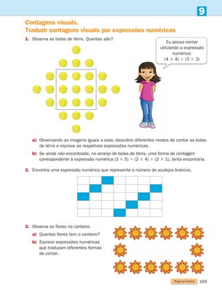 169
9
Contagens visuais.
Traduzir contagens visuais por expressões numéricas
1. Observa as bolas de ténis. Quantas são?
Regularidades
a)	
Observando as imagens iguais a esta, descobre diferentes modos de contar as bolas
de ténis e escreve as respetivas expressões numéricas.
b)	
Se ainda não encontraste, no arranjo de bolas de ténis, uma forma de contagem
correspondente à expressão numérica (3 3 5) 1 (2 3 4) 1 (2 3 1), tenta encontrá-la.
2. Encontra uma expressão numérica que represente o número de azulejos brancos.
Eu posso contar
utilizando a expressão
numérica:
(4 3 4) 1 (3 3 3)
3. Observa as flores no canteiro.
a) Quantas flores tem o canteiro?
b)	
Escreve expressões numéricas
que traduzam diferentes formas
de contar.
261287 166-176.indd 169 30/05/14 18:00
 