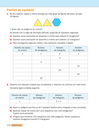170
Padrões de repetição
1.	
No teu caderno, repete o motivo formado por este grupo de figuras até teres, ao todo,
15 figuras.

Quais são os polígonos do motivo?
De acordo com a regra de formação definida, responde às questões seguintes.
a)	
Quantas vezes precisarás de desenhar o motivo para obteres 6 hexágonos?
b)	
Quantas vezes precisarás de desenhar o motivo para obteres 12 triângulos?
c)	
Para conseguires organizar melhor o teu raciocínio, completa a tabela.
Número de cópias
do motivo
Número
de hexágonos
Número
de triângulos
Número
de polígonos
1 1 2 3
4
3
12
20
42
25
2.	
Observa com atenção a tabela que completaste e relaciona os números em cada linha.
	
Completa agora a tabela seguinte.
Número de cópias
do motivo
Número
de hexágonos
Número
de triângulos
Número
de polígonos
n 2 3 n
a)	
Qual é o polígono que fica na 30.ª posição? Explica como chegaste a essa conclusão.
b)	
Quantas cópias do motivo tem uma sequência com 150 hexágonos?
Explica como pensaste.
c)	
Imagina que tínhamos uma sequência com 300 polígonos. Nessa sequência,
quantos hexágonos haveria? E triângulos?
Regularidades
261287 166-176.indd 170 30/05/14 18:00
 