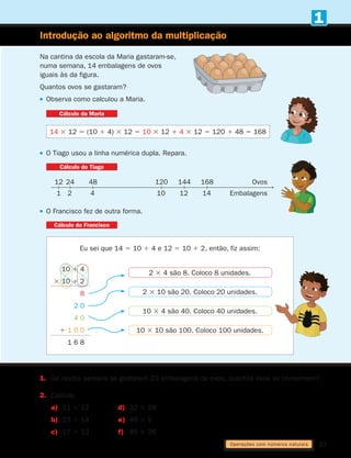 27
1
Introdução ao algoritmo da multiplicação
Na cantina da escola da Maria gastaram-se,
numa semana, 14 embalagens de ovos
iguais às da figura.
Quantos ovos se gastaram?
Observa como calculou a Maria.
O Tiago usou a linha numérica dupla. Repara.
O Francisco fez de outra forma.
14 3 12 5 (10 1 4) 3 12 5 10 3 12 1 4 3 12 5 120 1 48 5 168
Cálculo da Maria
Cálculo da Maria
Cálculo do Tiago
Cálculo do Tiago
Cálculo do Francisco
Cálculo do Francisco
Eu sei que 14 5 10 1 4 e 12 5 10 1 2, então, fiz assim:
2 3 4 são 8. Coloco 8 unidades.
2 3 10 são 20. Coloco 20 unidades.
10 3 4 são 40. Coloco 40 unidades.
10 3 10 são 100. Coloco 100 unidades.
10 1 4
3 10 1 2
8
2 0
4 0
1 1 0 0
1 6 8
1. Se noutra semana se gastarem 23 embalagens de ovos, quantos ovos se consomem?
2. Calcula.
a) 21 3 12 d) 32 3 28
b) 23 3 14 e) 46 3 5
c) 17 3 13 f) 85 3 26
1
12
2
24
4
48
10
120
12
144
14
168
Embalagens
Ovos
Operações com números naturais
261287 012-033.indd 27 30/05/14 17:49
 
